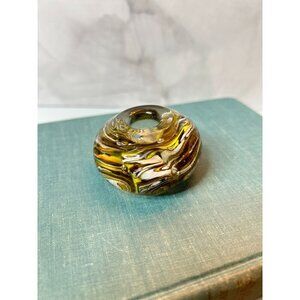 Vintage Paperweight Hand Blown Glass Hollow Center Small Art Glass Yellow Brown